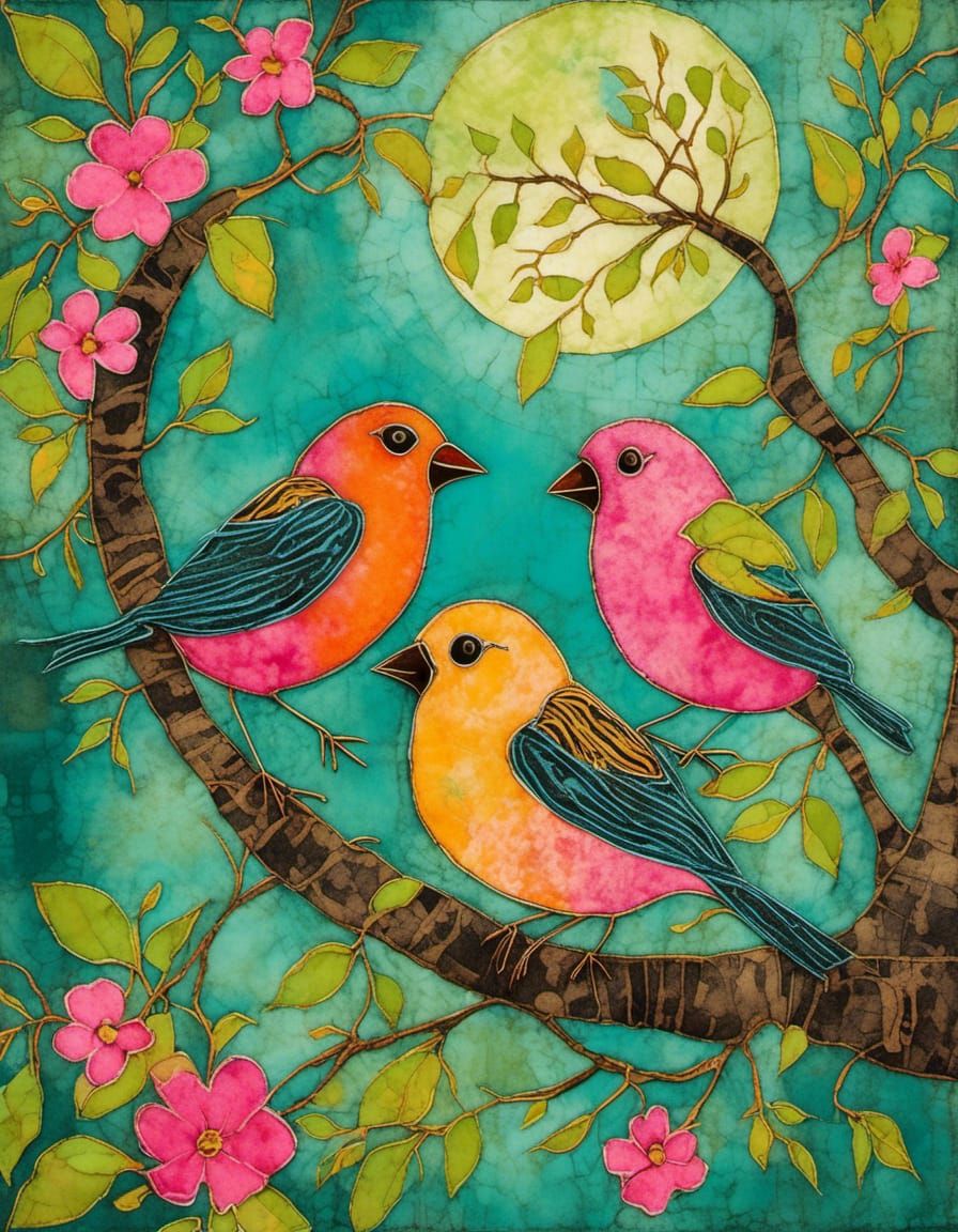 Finches in Guava Tree: Whimsical Batik Art
