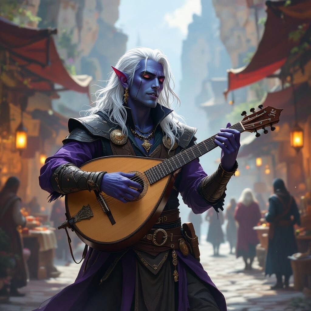 Drow Bard Charms Cliffside Market in Painterly Concept Art