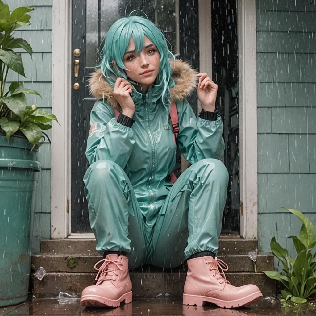 Girl with Aquamarine Hair in Rain, Digital Art