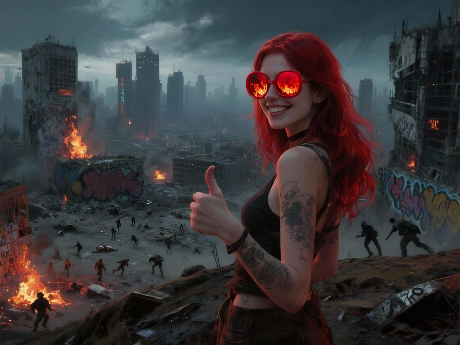 Woman Thumbs Up Over Post-Apocalyptic Cityscape