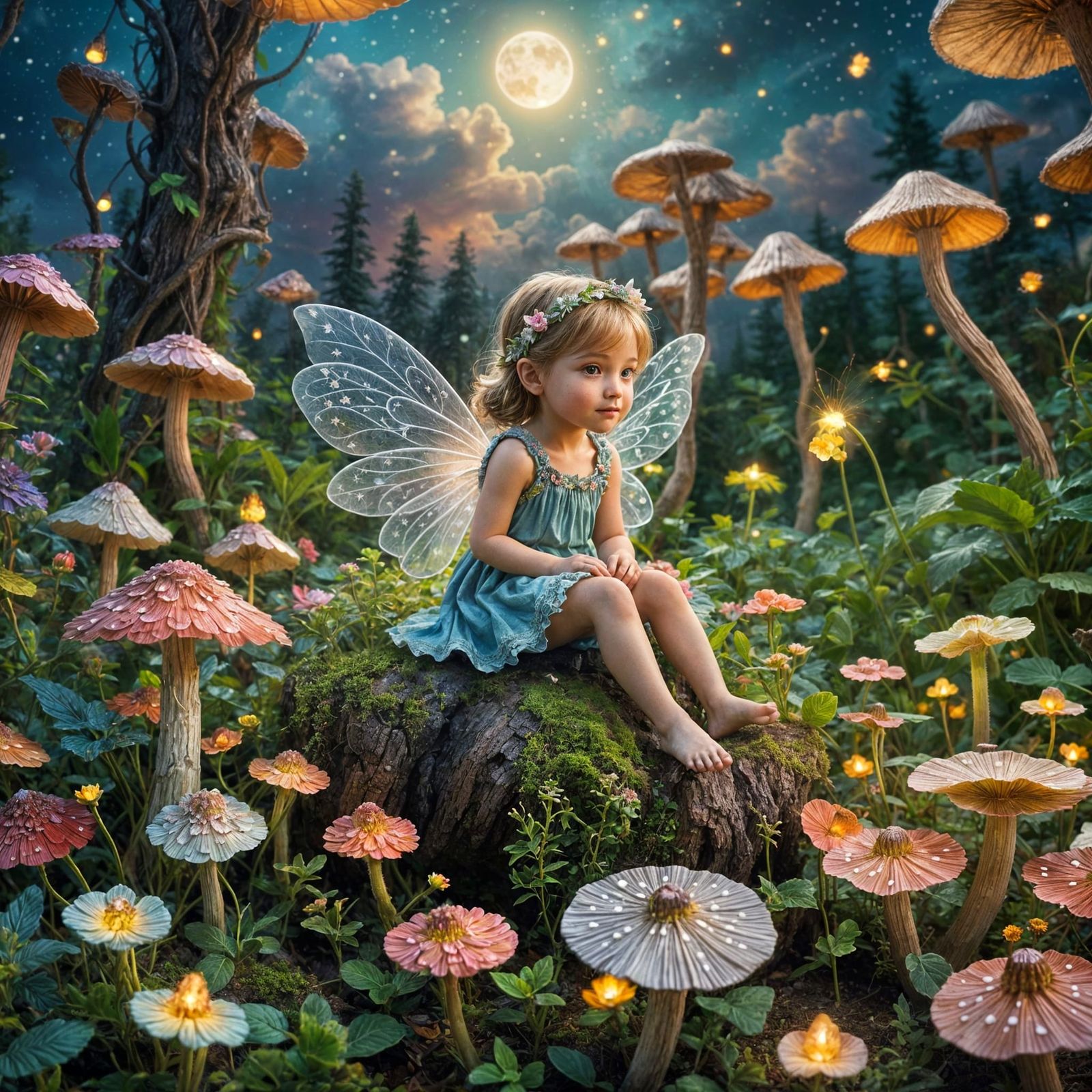 Sweet Child Fairy in a Vibrant Fairy Garden
