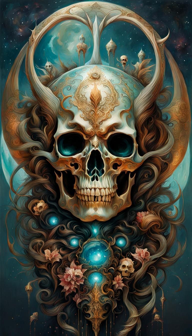 Alien BEAST, moonscape, DAMASCUS skulls, ornate KRITA, oils, romanticism by Jean-Baptiste-Camille and Carne Griffiths