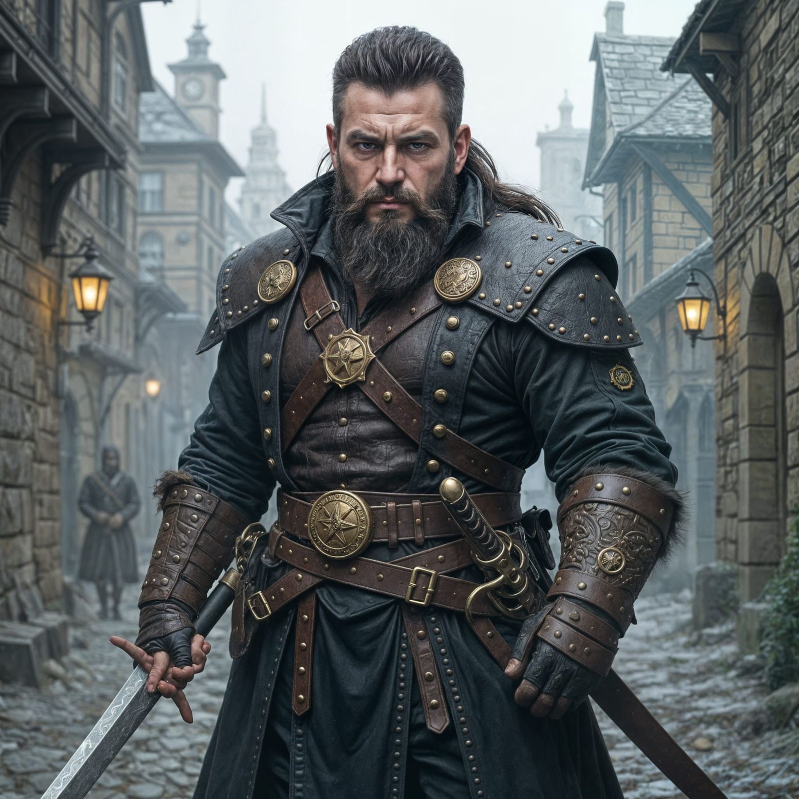 Gritty Dark Fantasy City Watchman in Frazetta Style