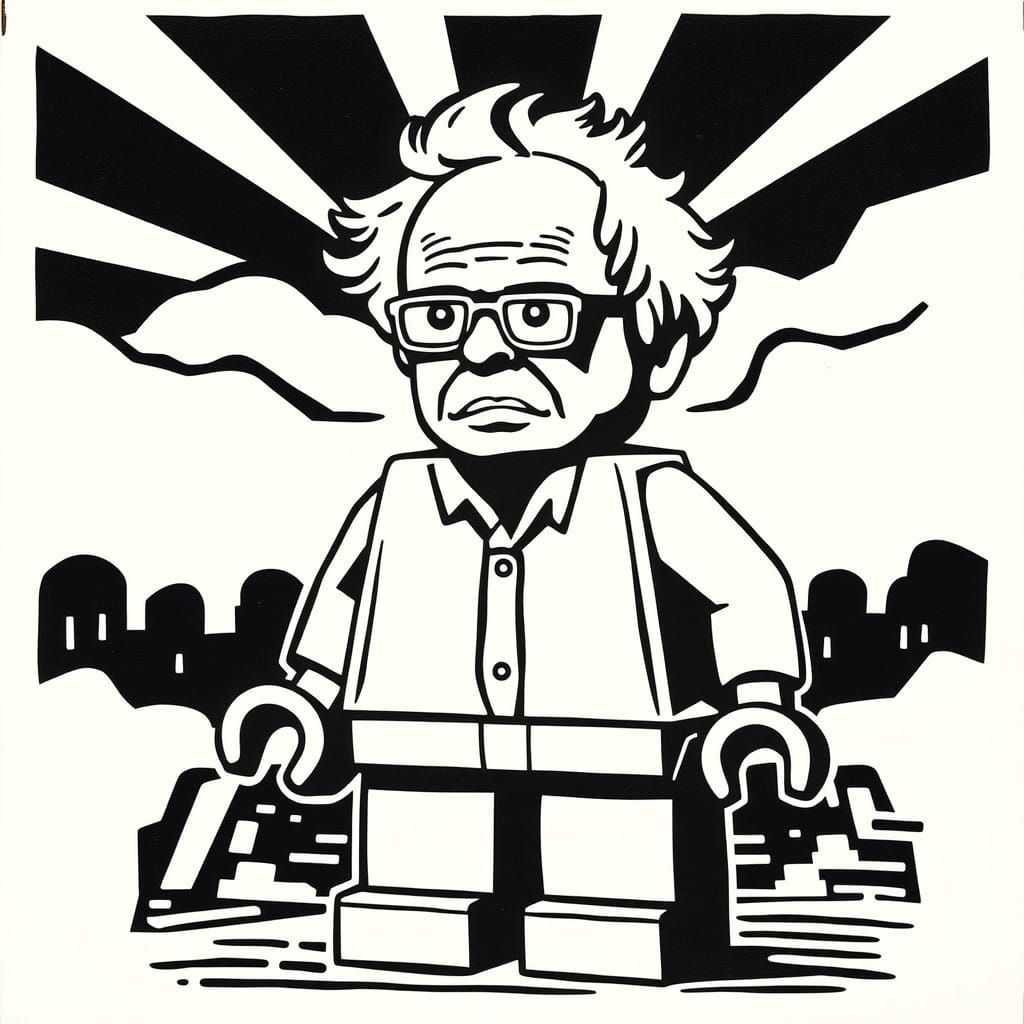 Bernie Sanders as a Lego Minifig in Woodcut Print Style