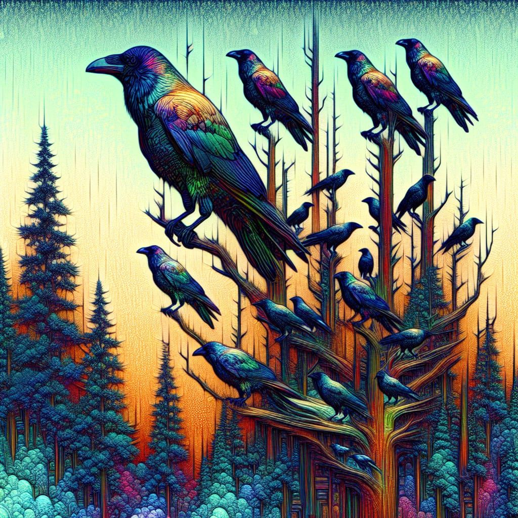 Iridescent Crows in Treetops: Graffiti Polaroid Art