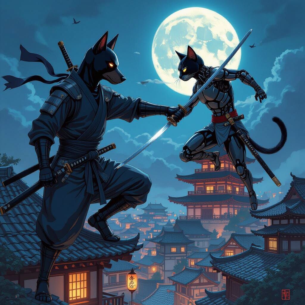 Doberman Ninja vs. Cat Warrior in Moonlit Japan