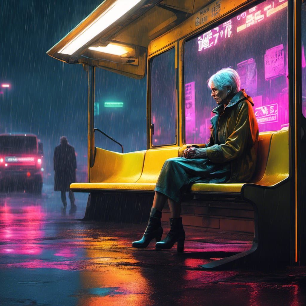 Cyberpunk Bus Stop Scene in the Rain