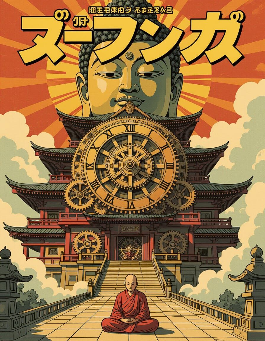 Clockwork Temple: Retro Japanese Manga Poster