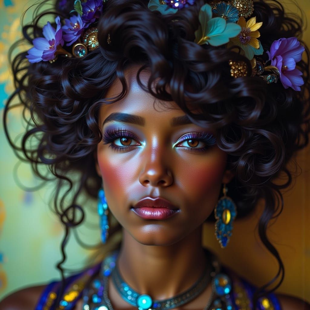 Expressive Mixed Race Woman in Bright Boho Emo Style