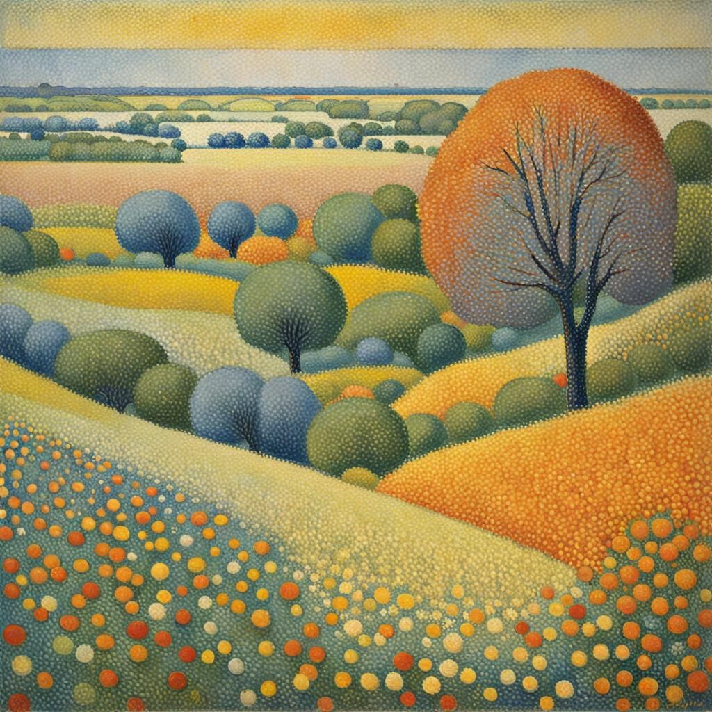 Normandy Landscape in Pointillist Oil Style