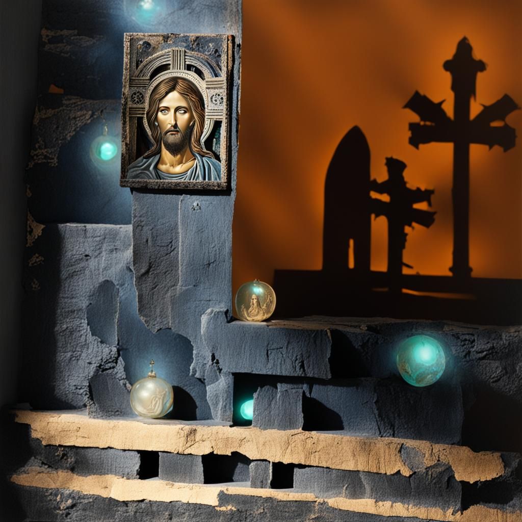 Luminous Gothic Jesus Icon Mixed Media Collage