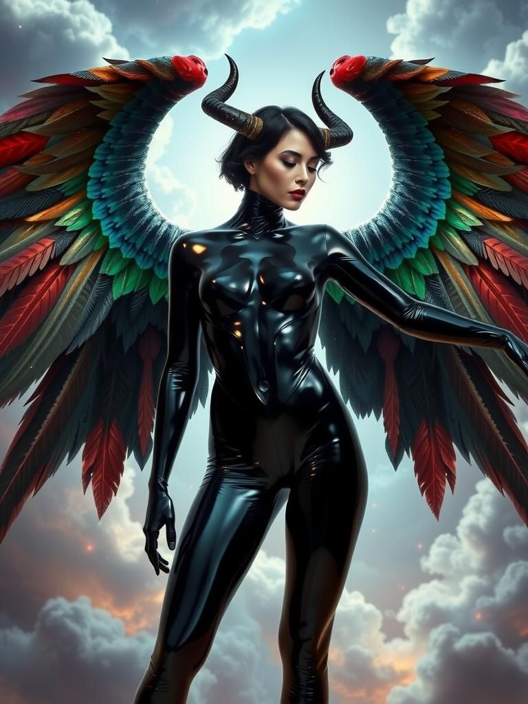 Diabolic Angel in Latex Suit with Fractal Backdrop