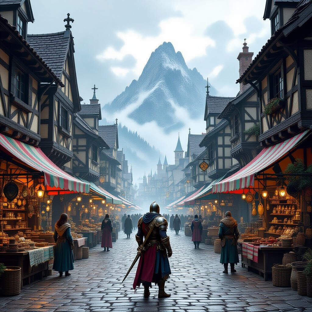 Medieval Marketplace Fantasy Art with Knight
