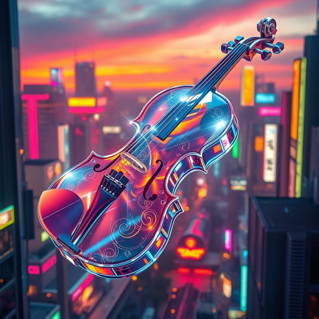 Crystal Violin Plays Music in Neon Cityscape