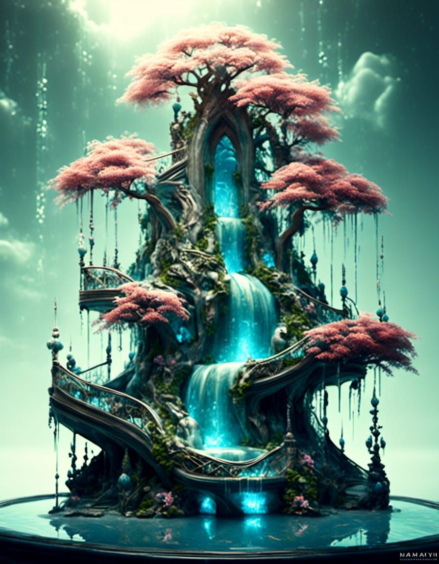 Surreal Dreamcore Water Fountain in Japanese Garden