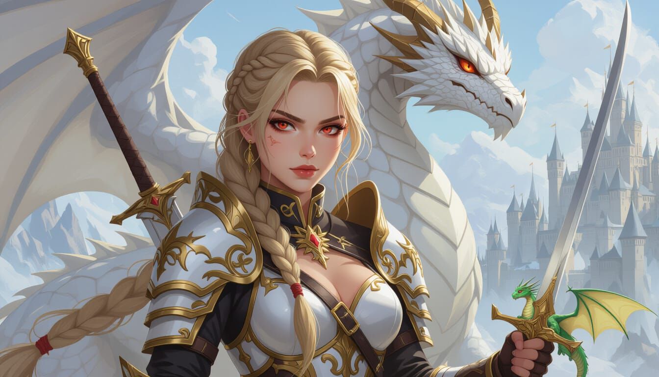 Warrior Girl With Red Eyes and Dragon Companion
