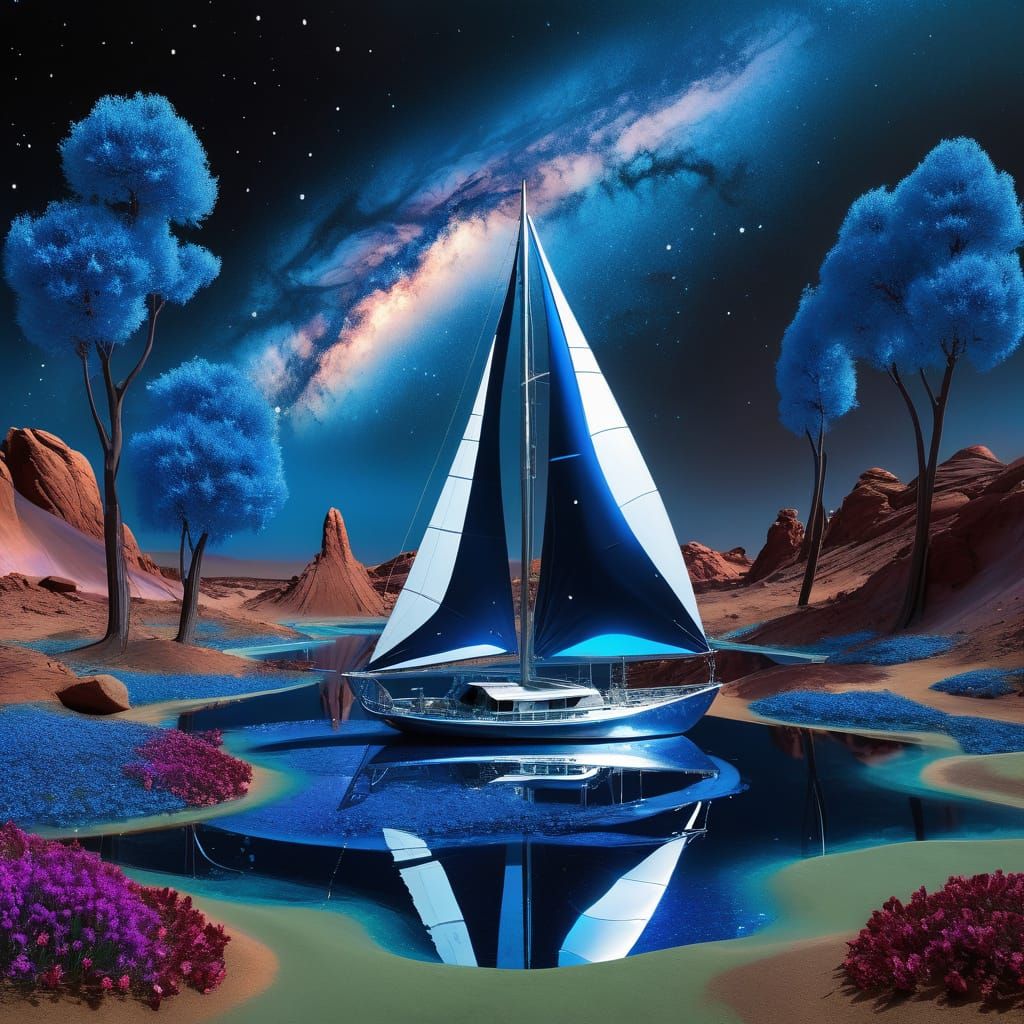 Surreal Blue Sailboat Glides on a Luminescent Pond