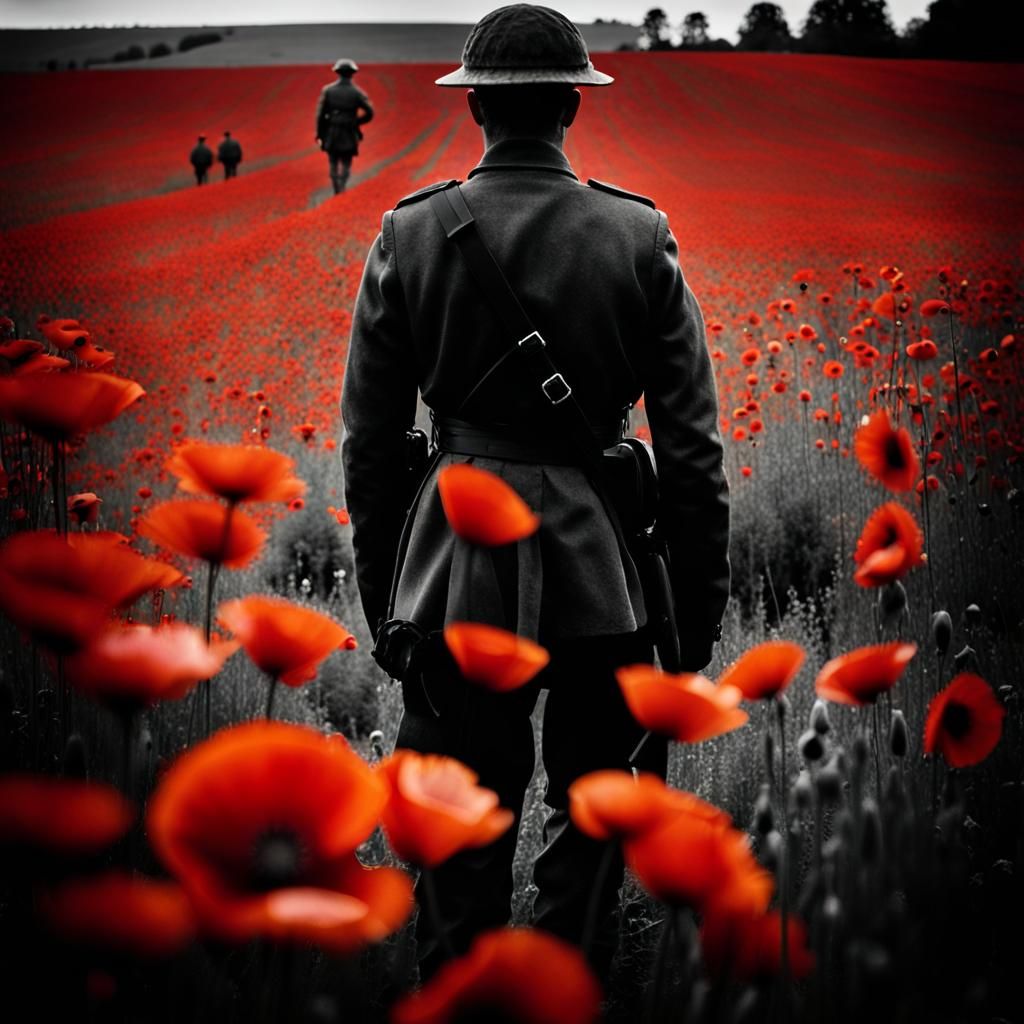 WWII Soldier in Poppy Field: Film Noir Style
