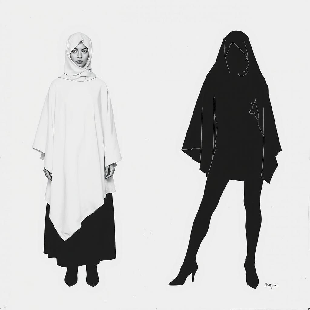 Minimalist Visual Duality: Cloaked Figures in Stark Contrast