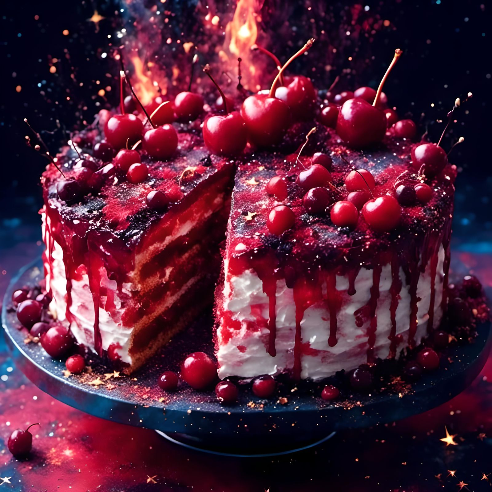 Exploding Cherry Cake with Constellation Background