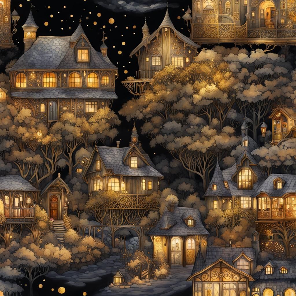 Art Nouveau Village in Black and Gold Watercolor