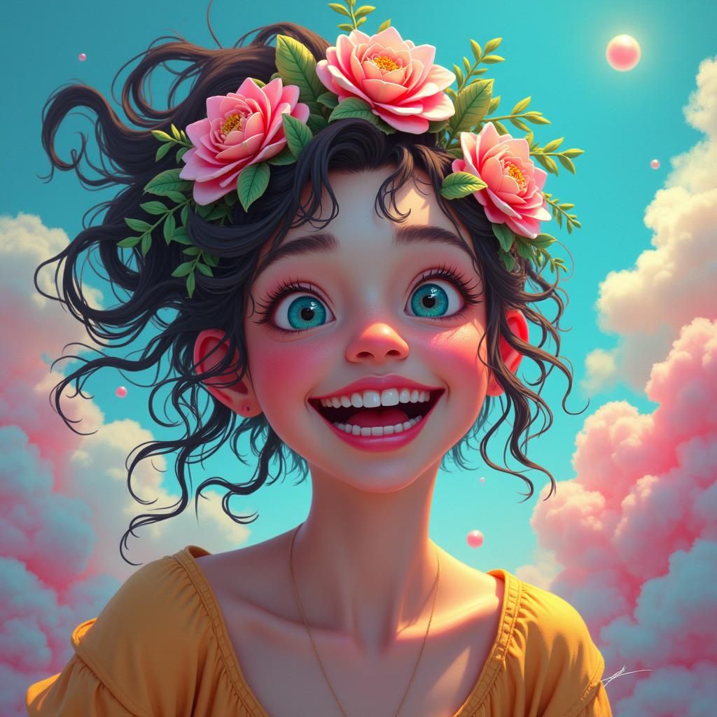 Radiant Woman with Contagious Smile in Fantasy Landscape