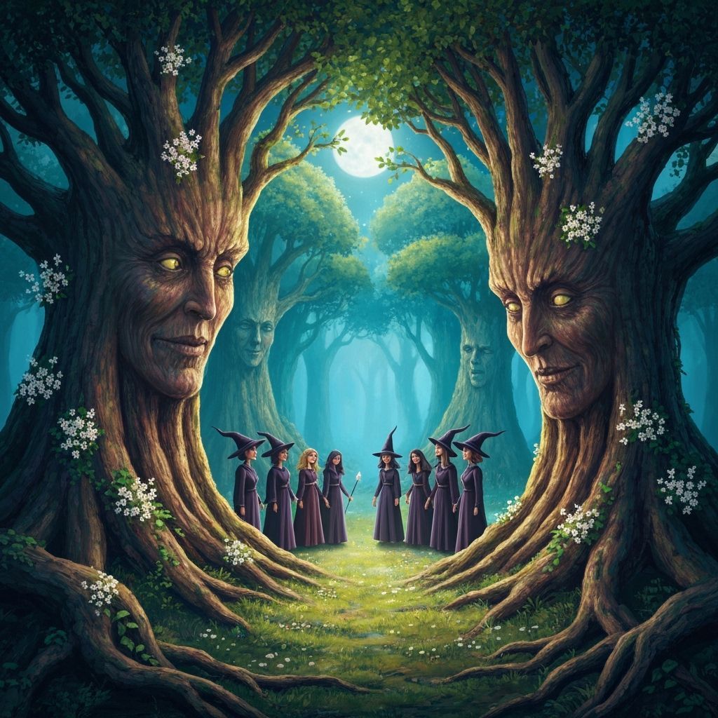 Enchanted Forest Glade with Elder Tree Witches and Flowers