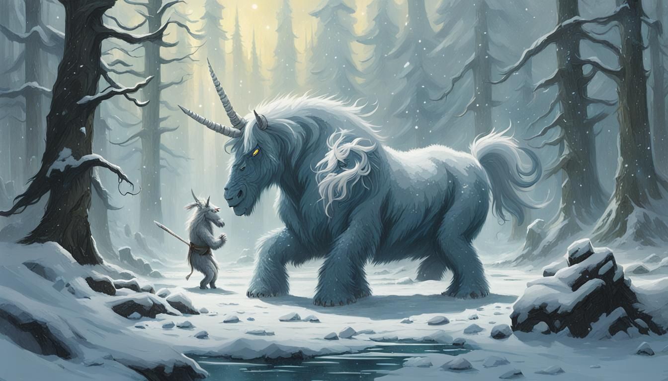 Yeti and Unicorn Duel in Frozen Swamp