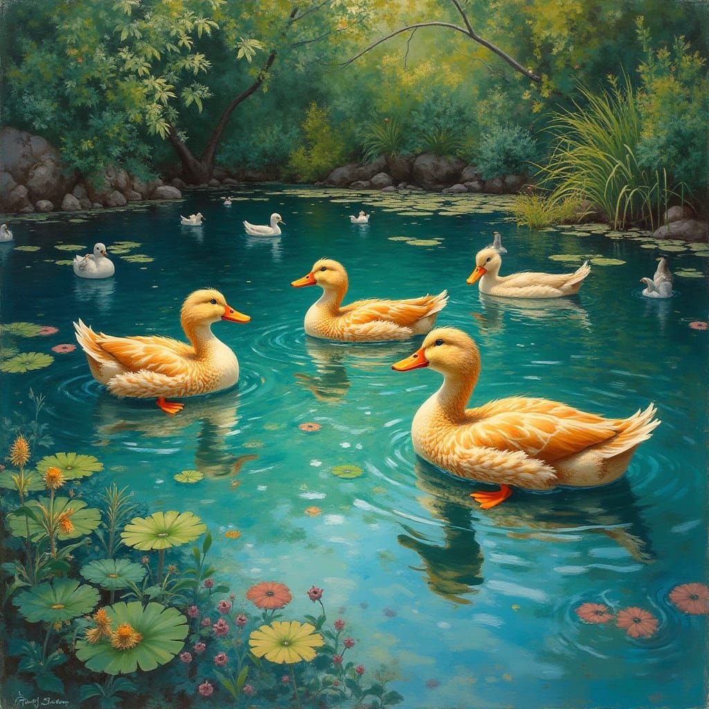 Ducks in Pond, Art Nouveau Style