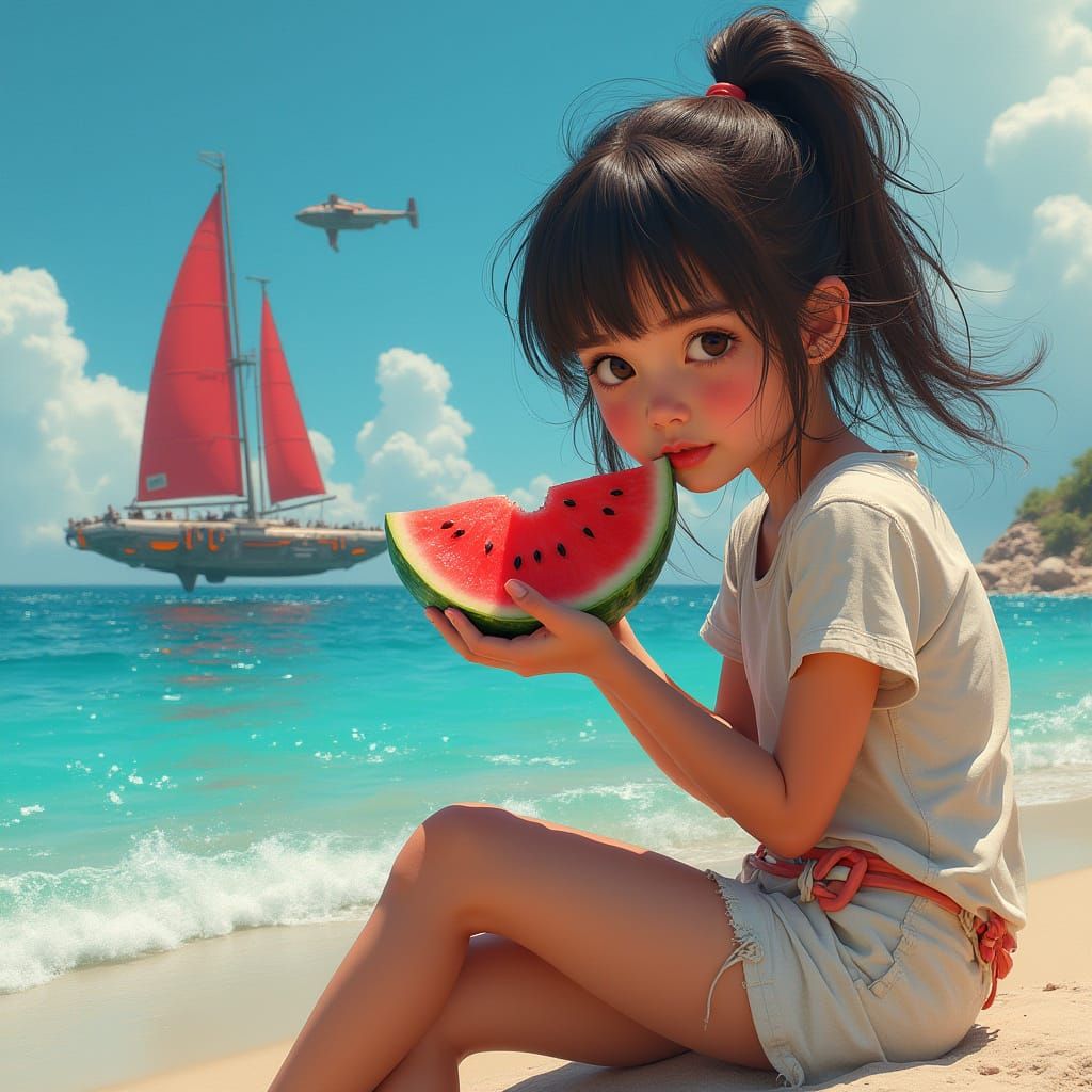 Girl Eats Watermelon by Sea as Spaceship Approaches
