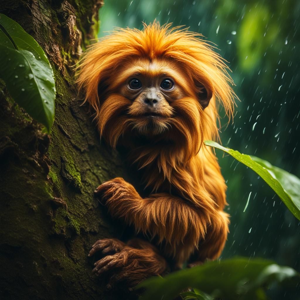 Cute Baby Golden Lion Tamarin in Rainforest
