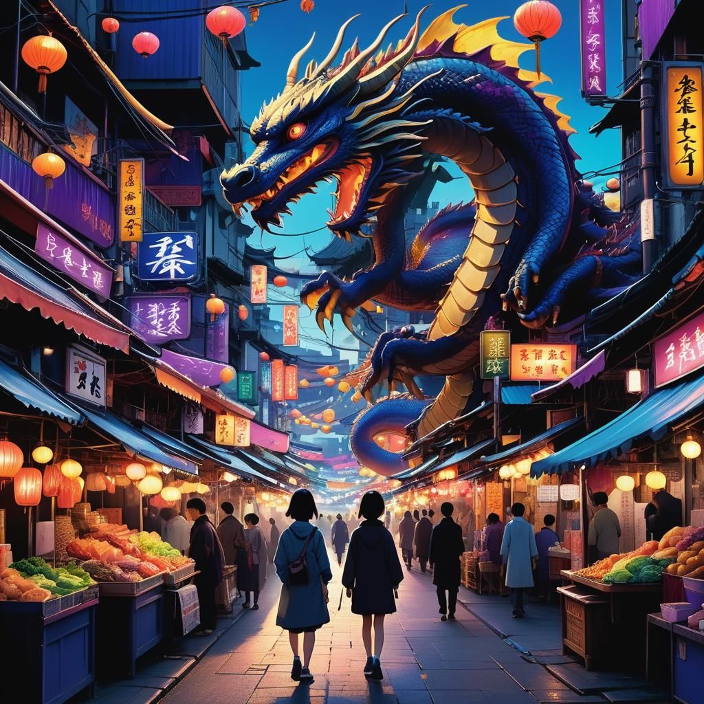 Asian Woman and Dragon in Street Market