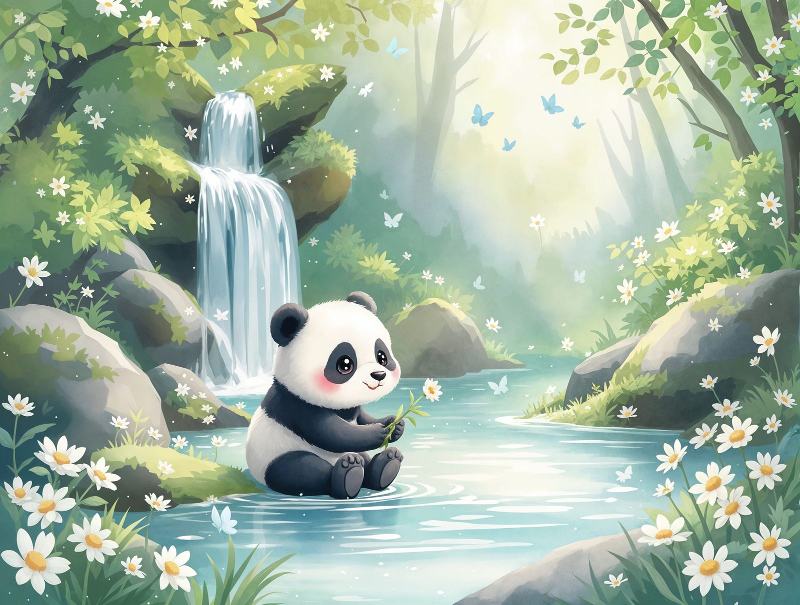 Whimsical Panda Play in Sunlit Woodland
