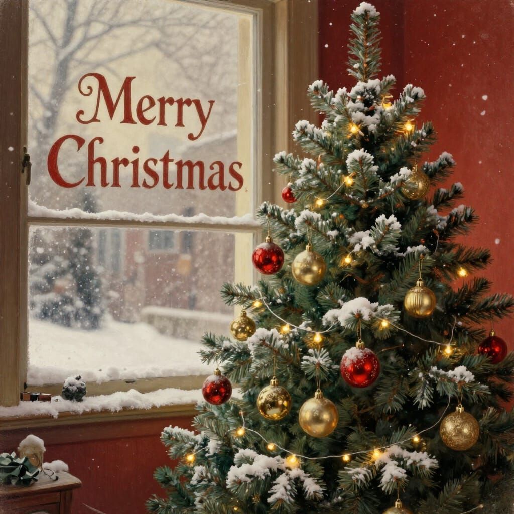 Vintage Christmas Scene with Frosted Tree and Snowfall