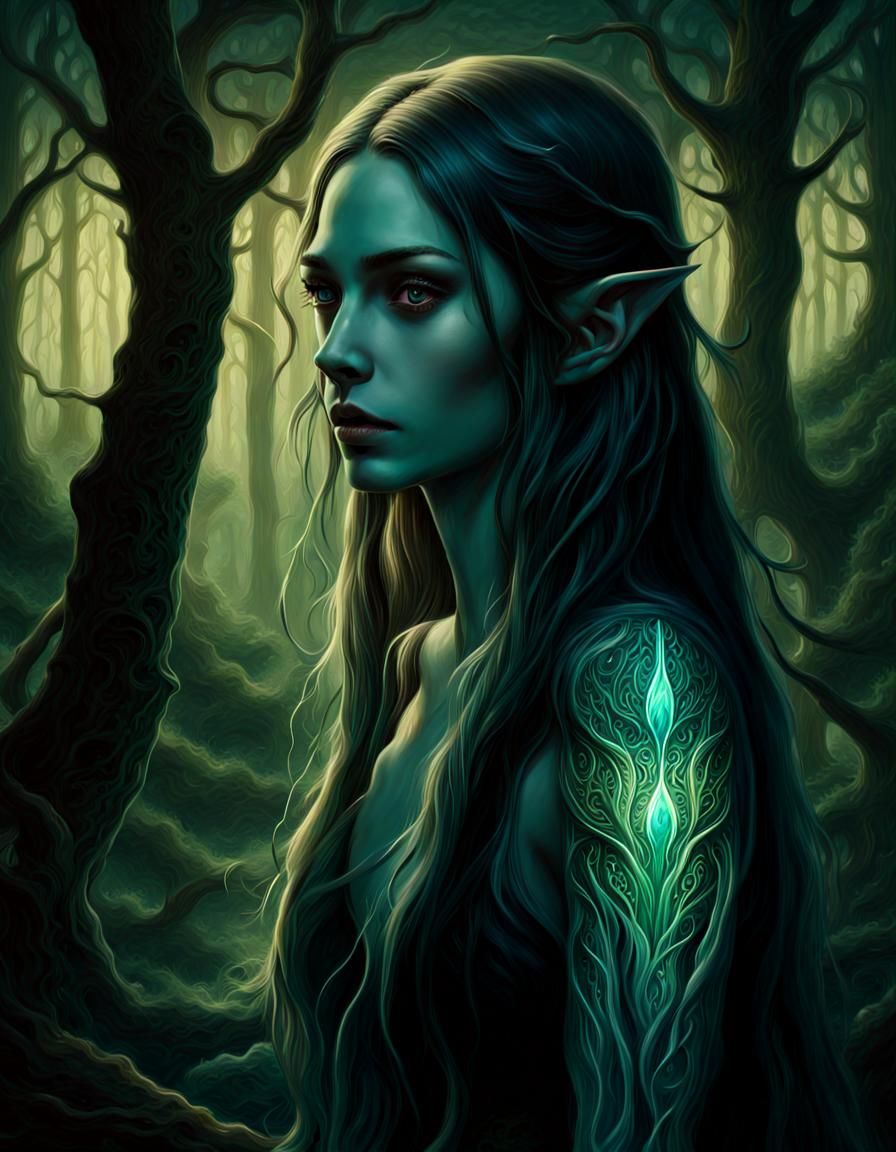 Bioluminescent Elf in Moody Forest: Oil Painting