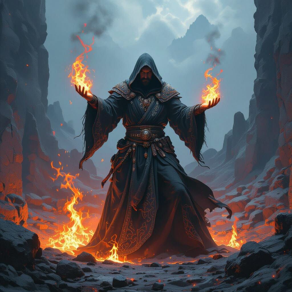 Wizard Casting Spell in Volcanic Crater Art