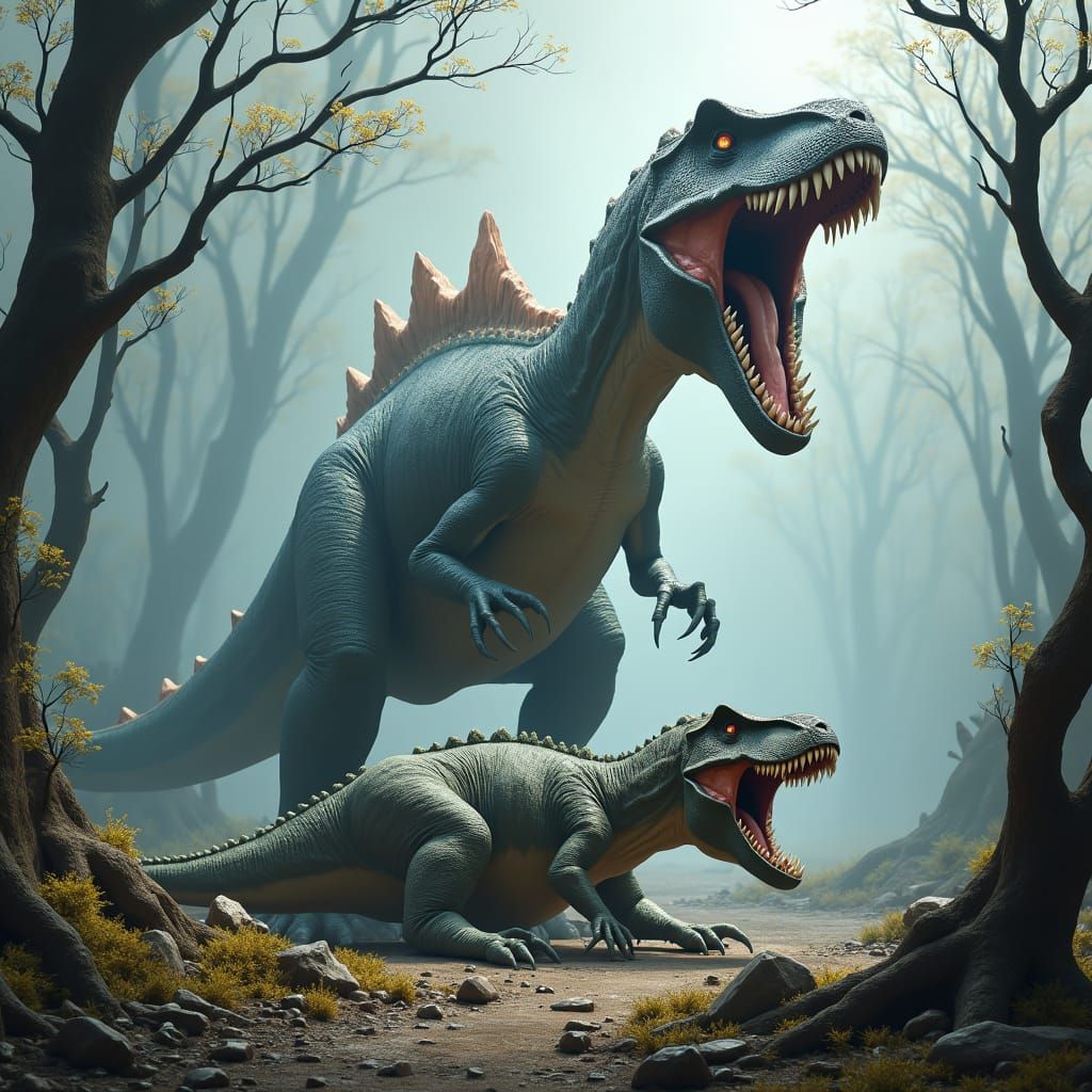 Spinosaurus Roars Over T-Rex in Fantasy Landscape
