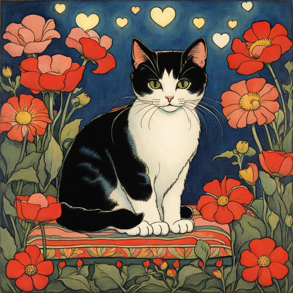 Cat Surrounded by Flowers in Art Nouveau Style
