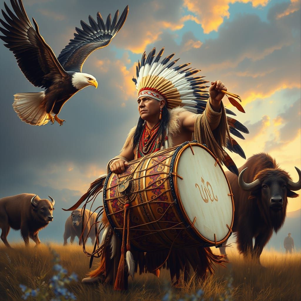 Native American Drummer With Wildlife at Dawn