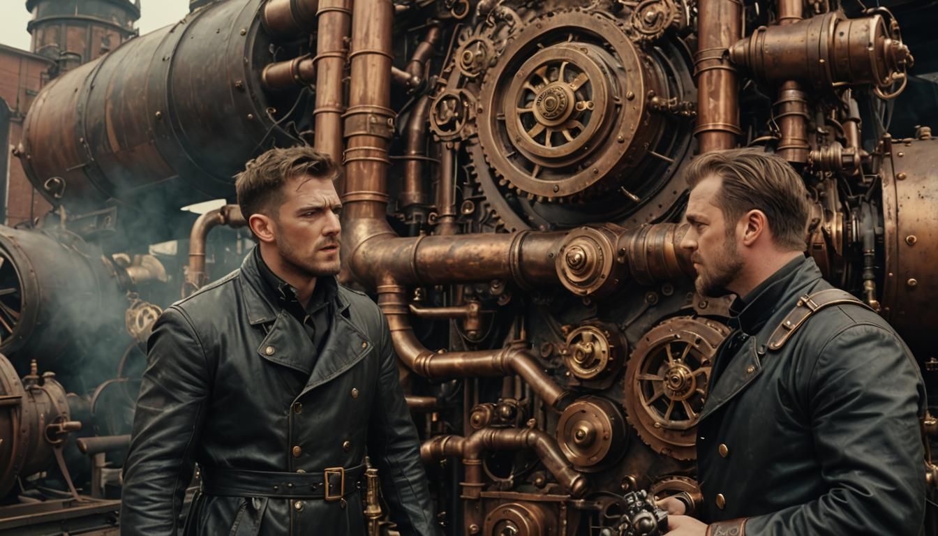 Steampunk Bouncer Confronts Soldier near Engine