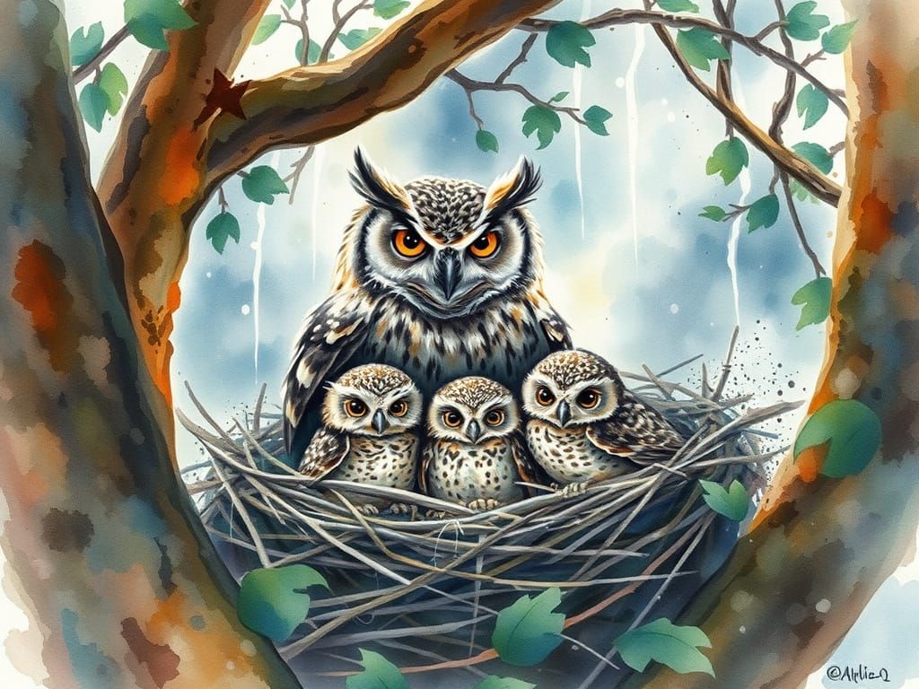 Mama Owl Guards Her Tree Nest in a Whimsical Oak Forest Stor...