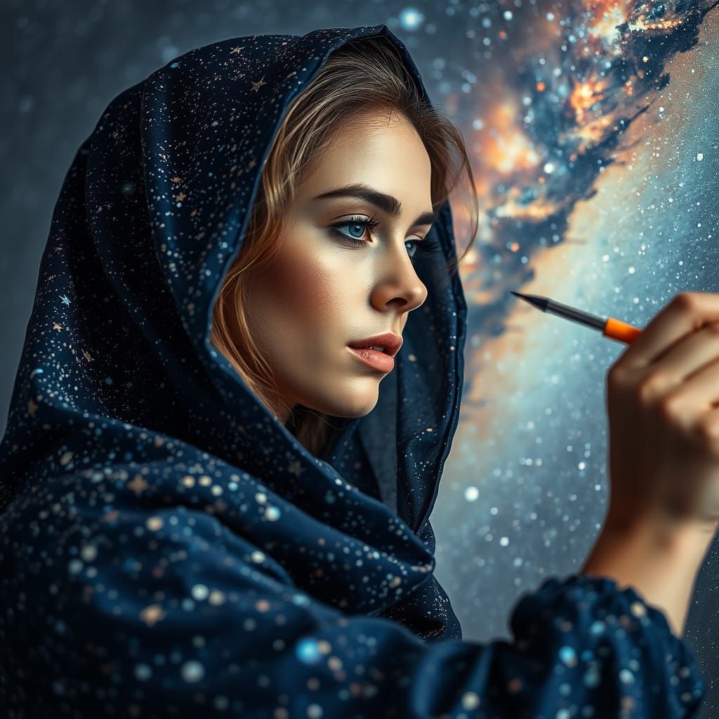 Celestial Goddess Paints Galaxy: Professional Portrait Photo...