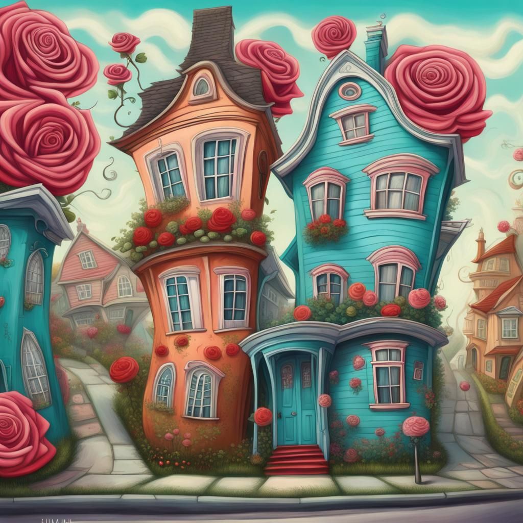 Crooked leaning houses with roses.