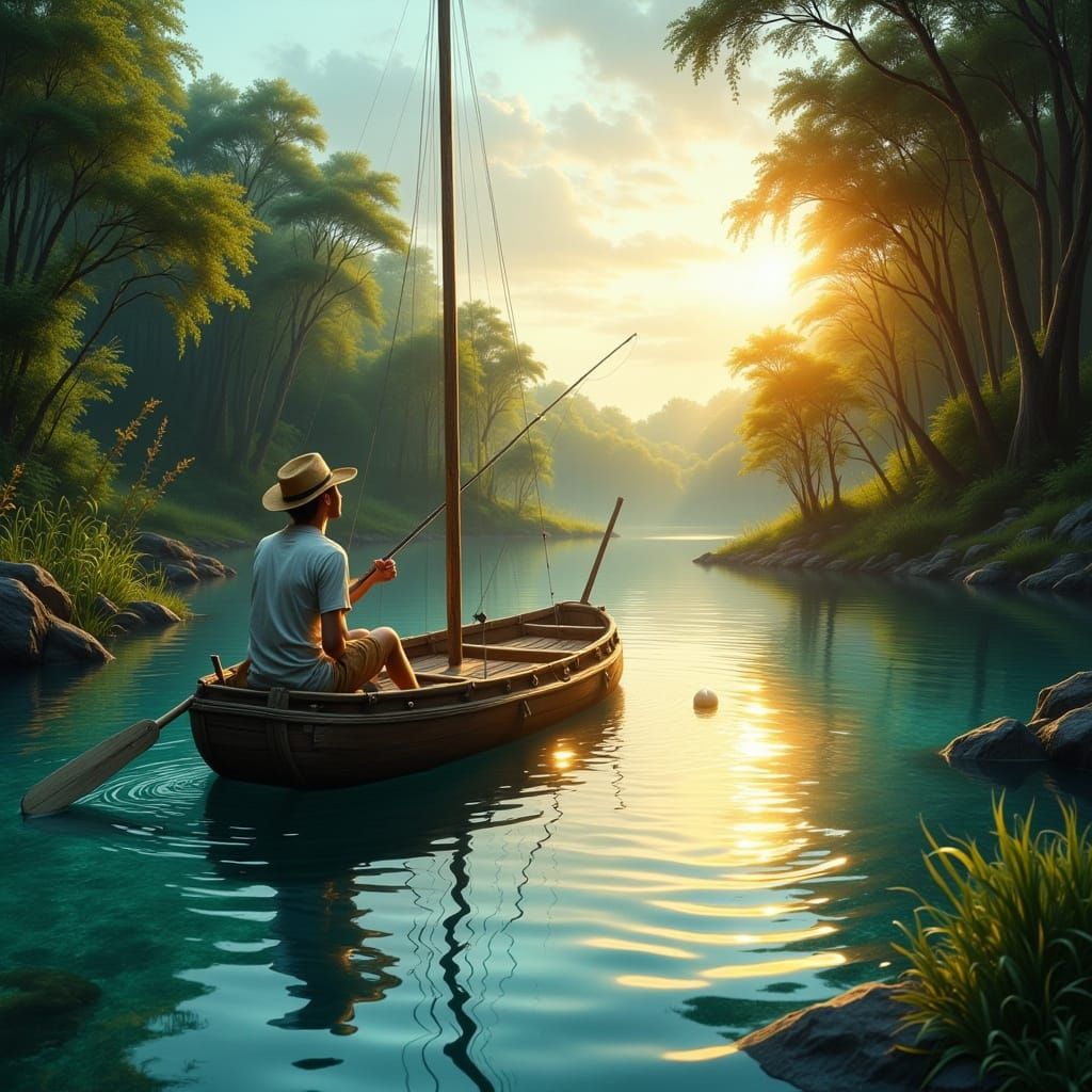 Hyperrealistic Fisherman on River Raft at Sunset