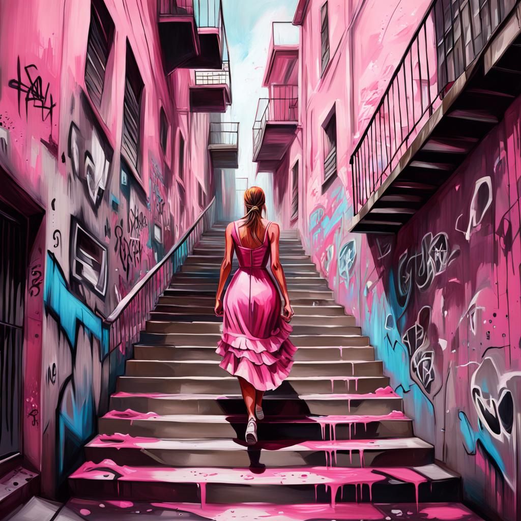 Girl in Pink Dress: Graffiti Style Descent