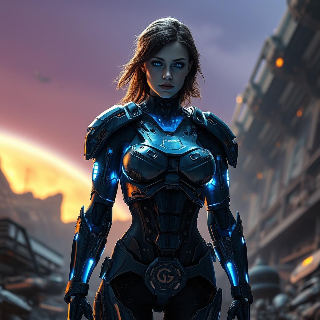 Cyborg Soldier in War Zone, Cinematic Dark Fantasy