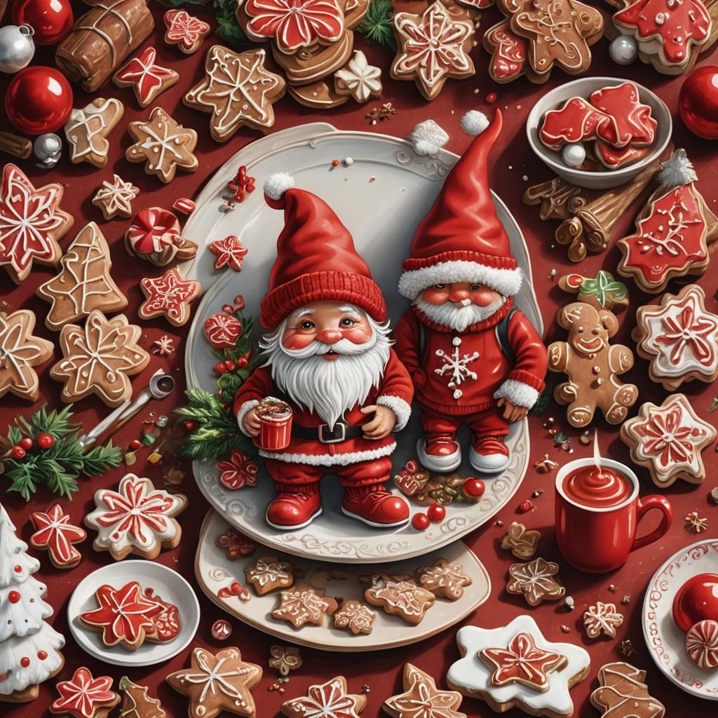 Festive Red Gnome with Cocoa and Cookies