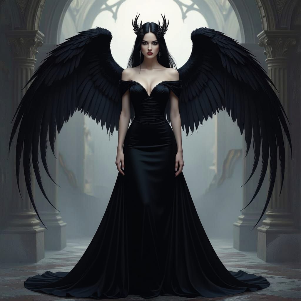 Ethereal Dark Angelic Queen in Gothic Oil Painting Style