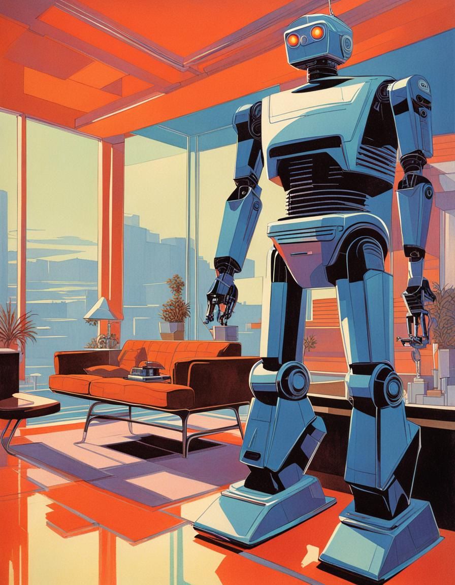 Vintage Robot in Futuristic 1960s House Illustration