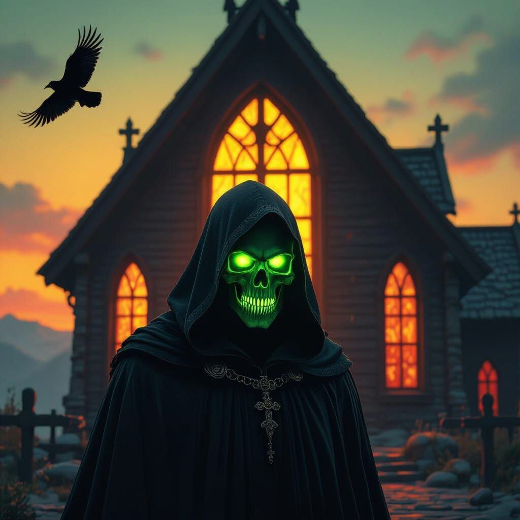 Grim Reaper Before Viking Church, Glowing Green Skull